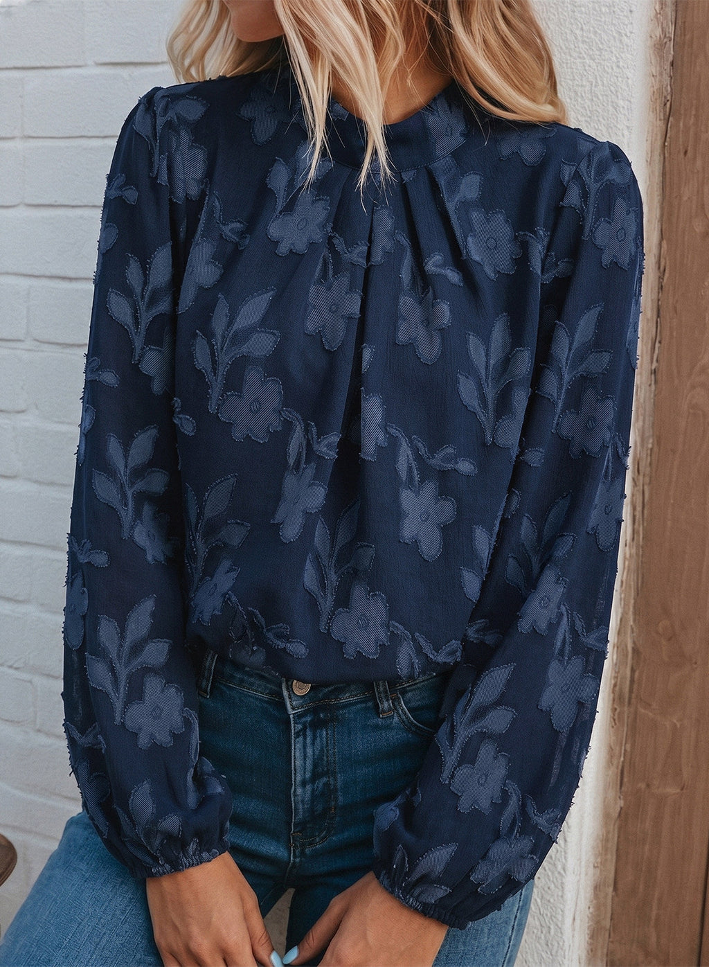 Dokotoo Womens Tops Mock Neck Pleated Floral Burnout Long Sleeve Shirts