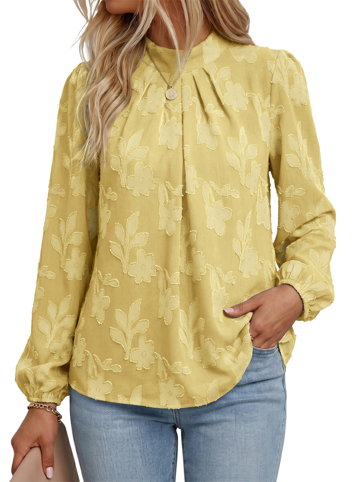 Dokotoo Womens Tops Mock Neck Pleated Floral Burnout Long Sleeve Shirts