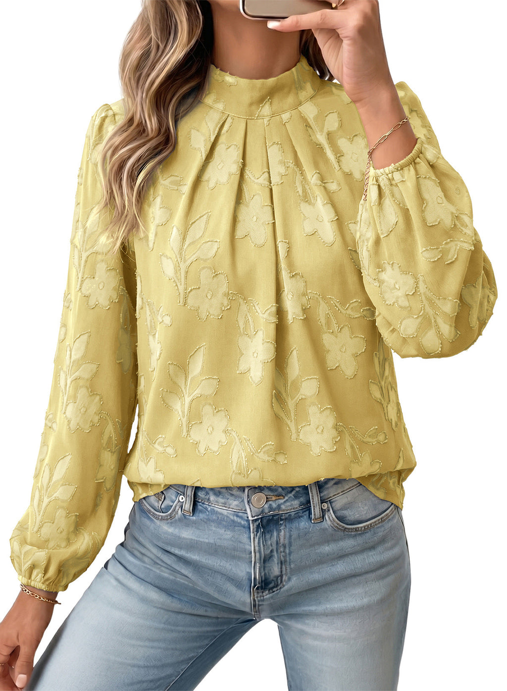 Dokotoo Womens Tops Mock Neck Pleated Floral Burnout Long Sleeve Shirts