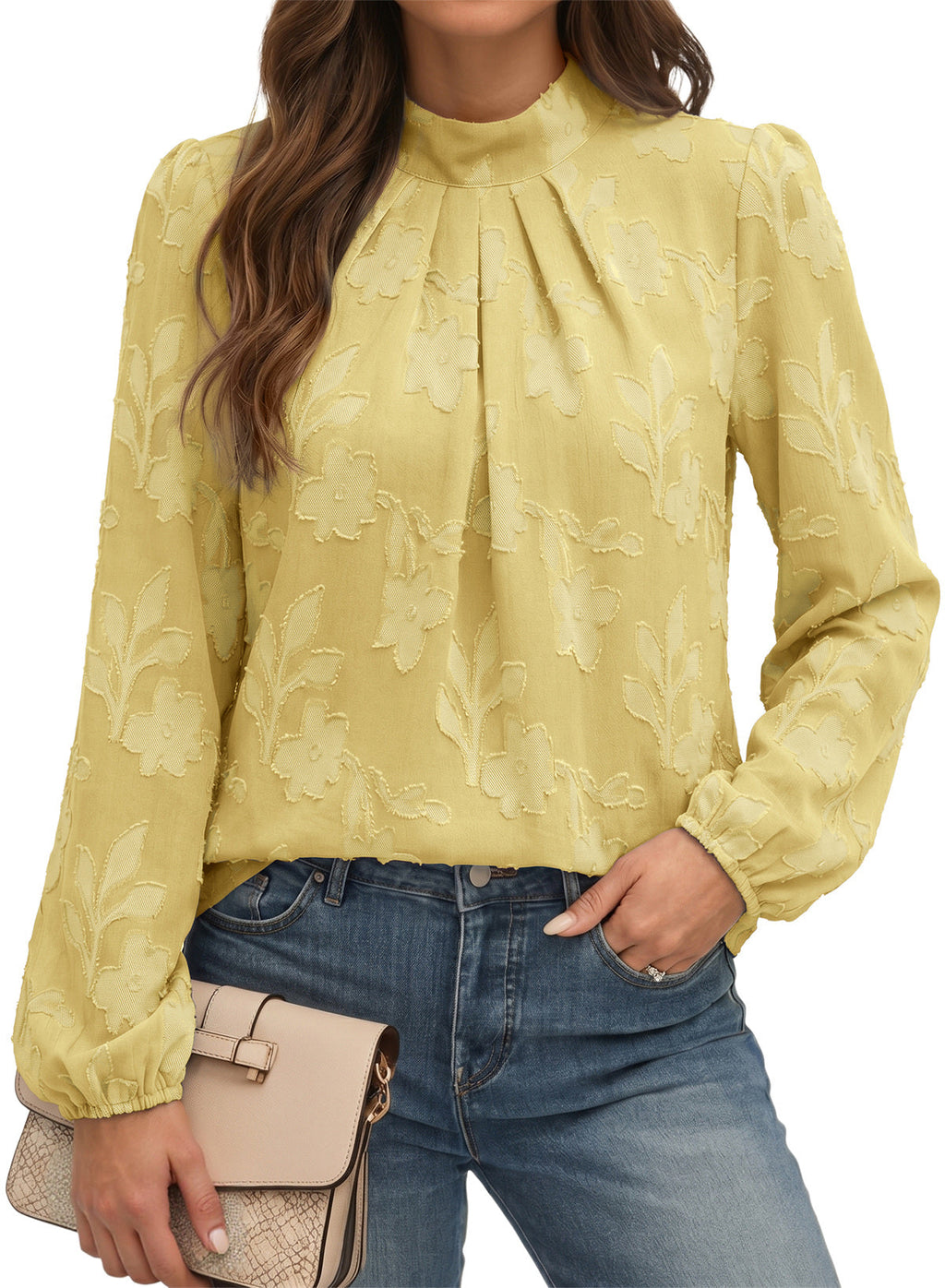 Dokotoo Womens Tops Mock Neck Pleated Floral Burnout Long Sleeve Shirts
