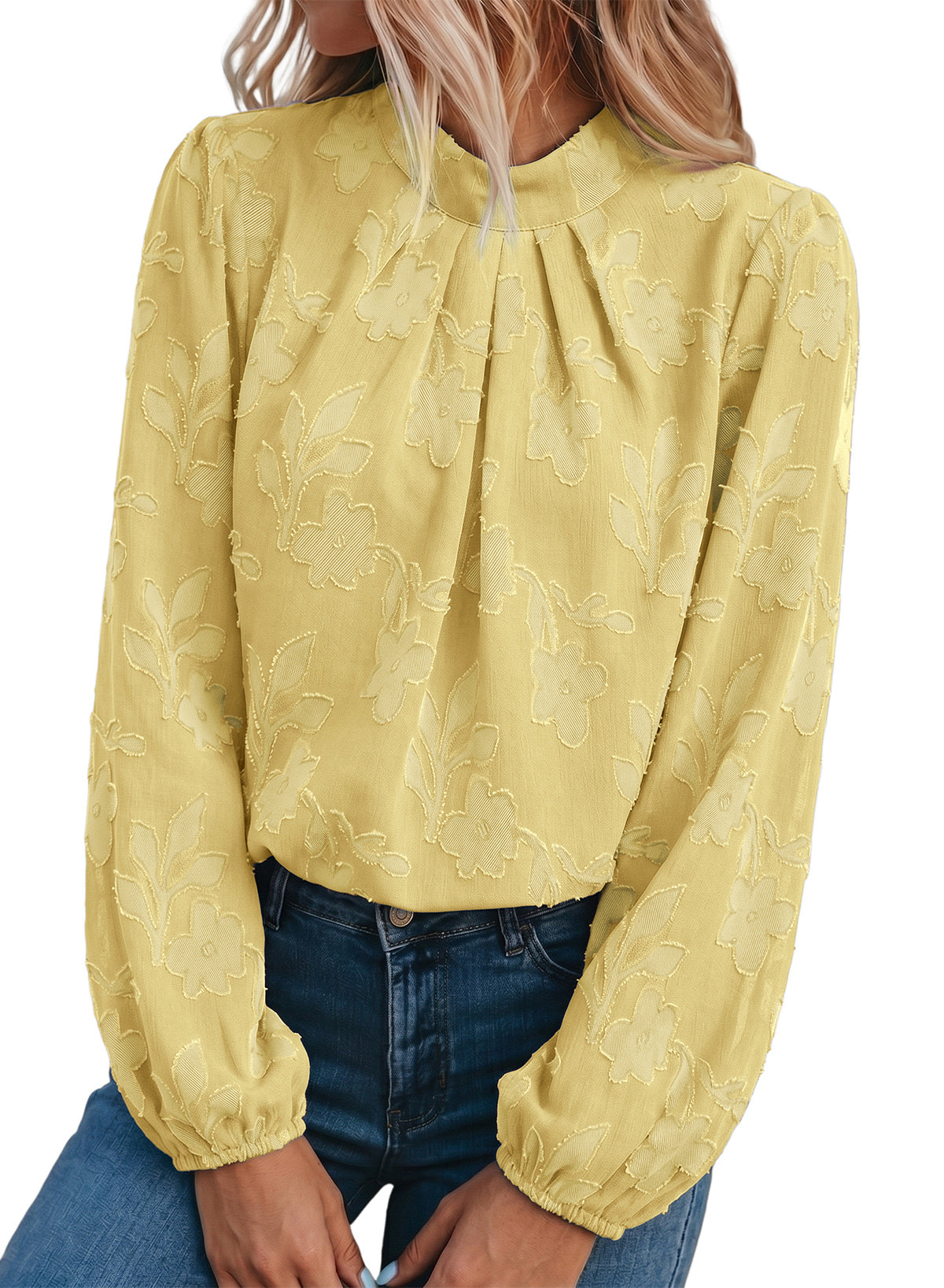 Dokotoo Womens Tops Mock Neck Pleated Floral Burnout Long Sleeve Shirts