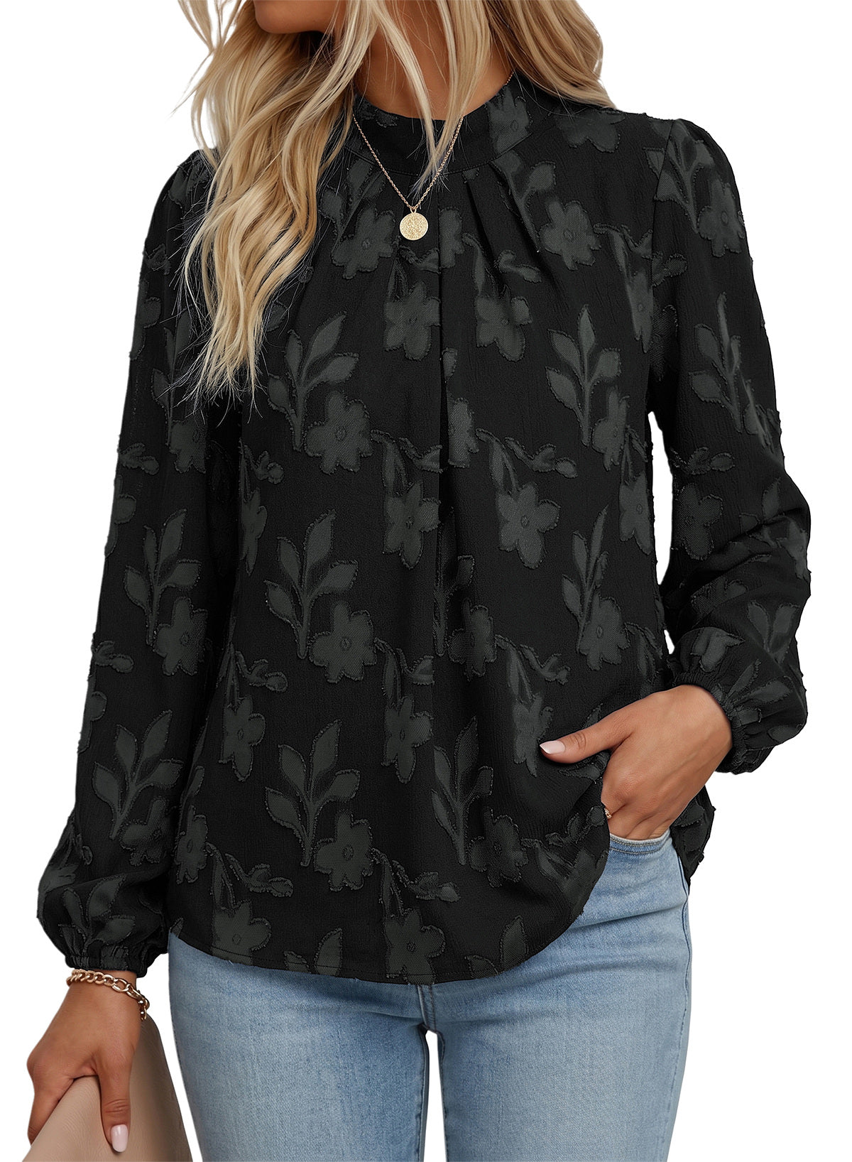 Dokotoo Womens Tops Mock Neck Pleated Floral Burnout Long Sleeve Shirts