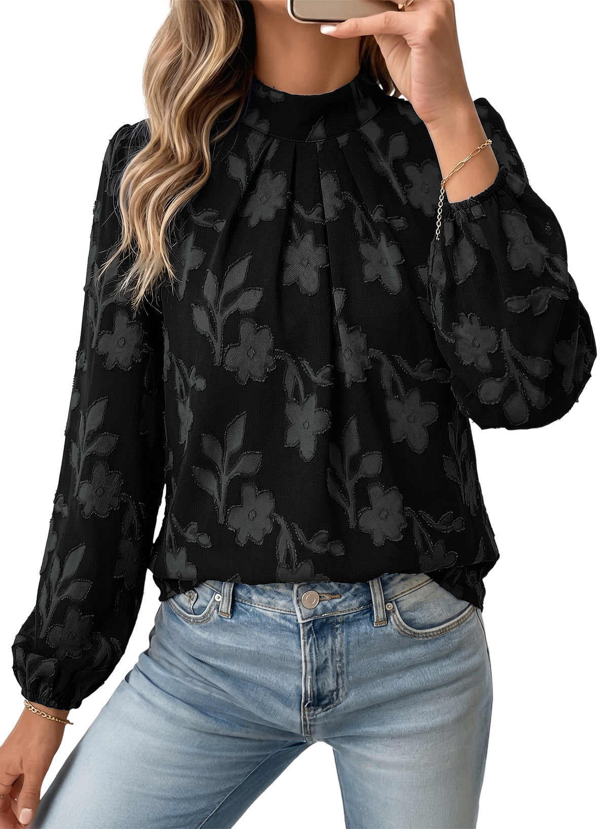 Dokotoo Womens Tops Mock Neck Pleated Floral Burnout Long Sleeve Shirts