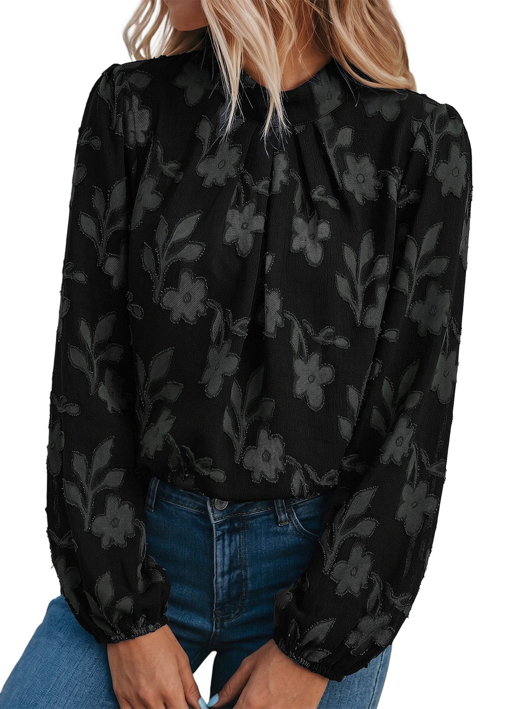 Dokotoo Womens Tops Mock Neck Pleated Floral Burnout Long Sleeve Shirts