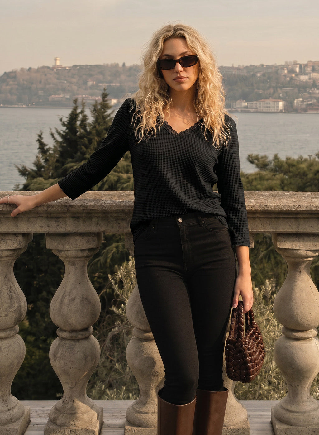 Women Casual Waffle Lace Splice 3/4 Sleeve Tops