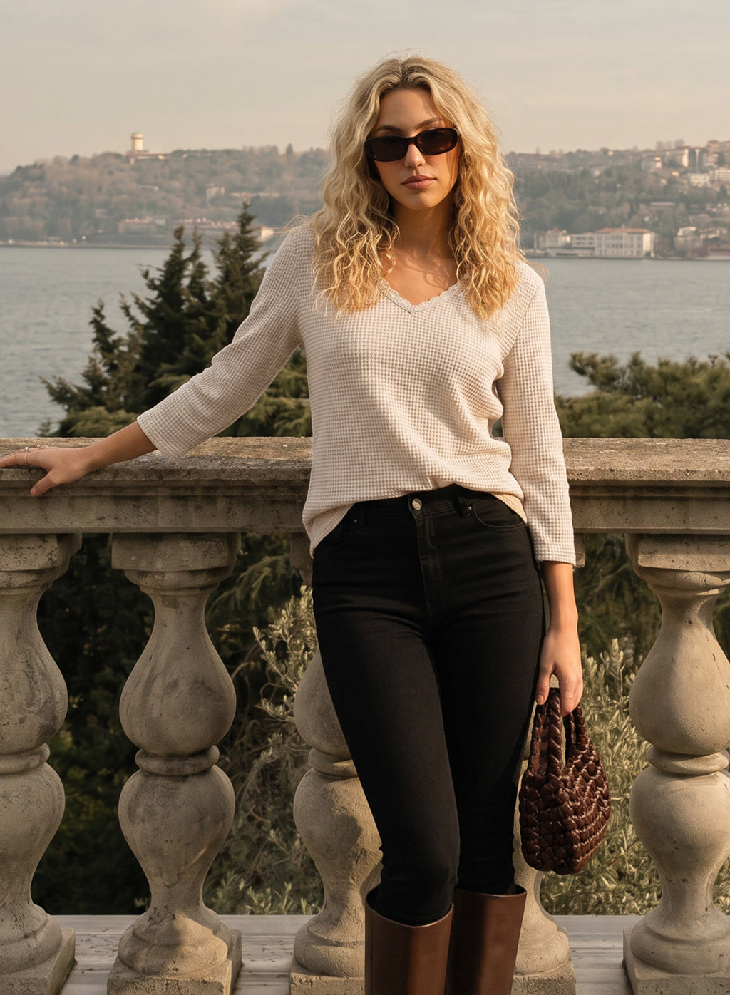 Women Casual Waffle Lace Splice 3/4 Sleeve Tops