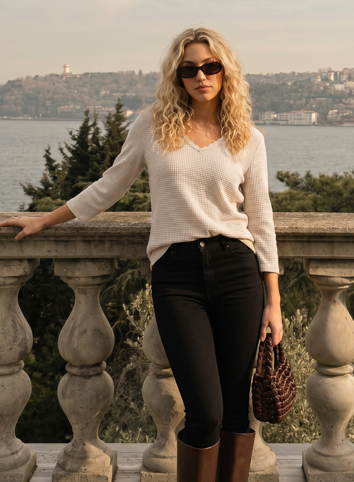 Women Casual Waffle Lace Splice 3/4 Sleeve Tops
