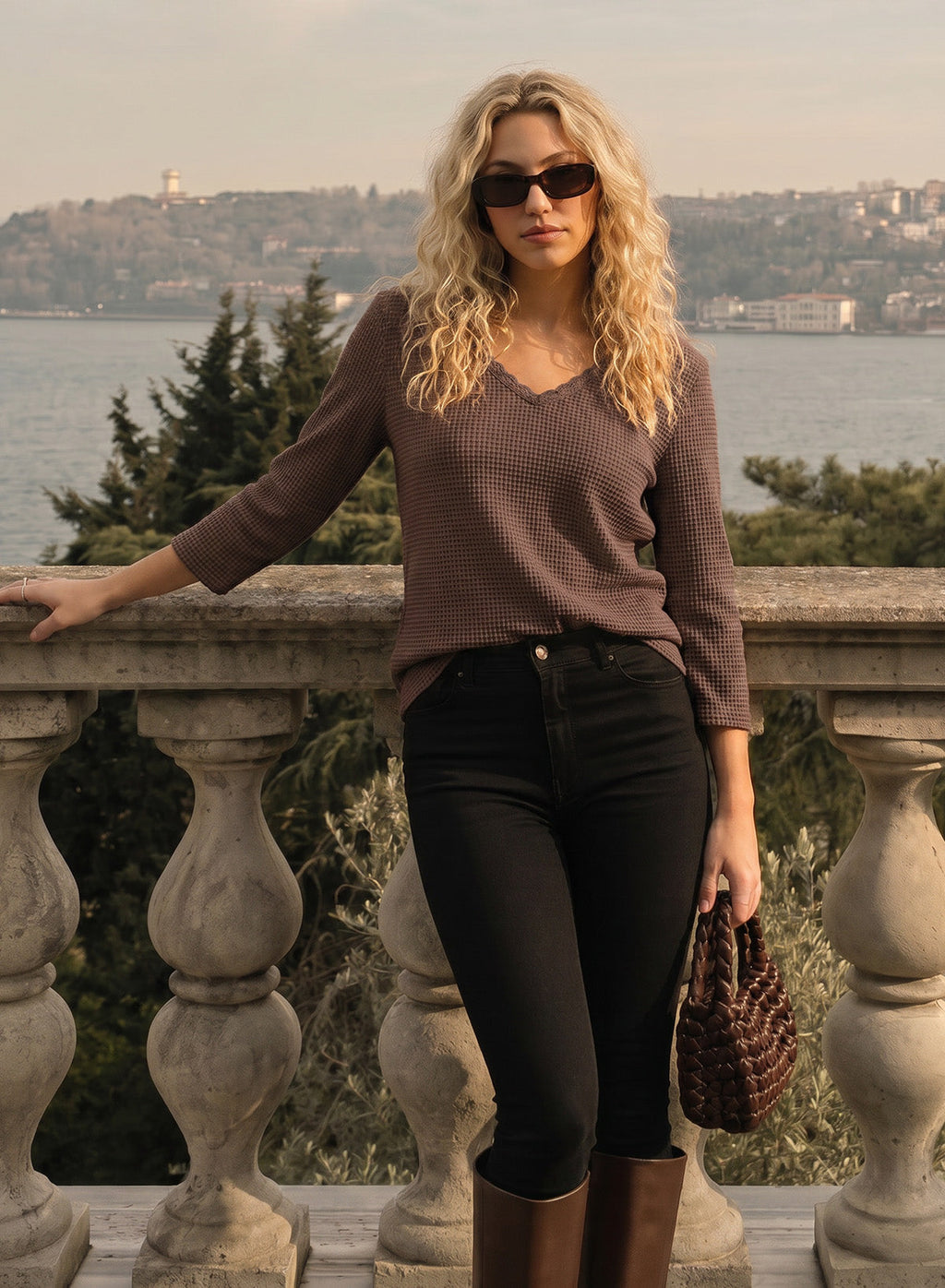 Women Casual Waffle Lace Splice 3/4 Sleeve Tops