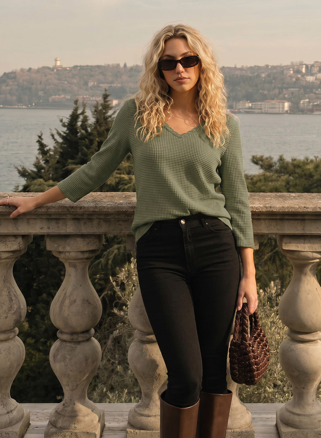 Women Casual Waffle Lace Splice 3/4 Sleeve Tops