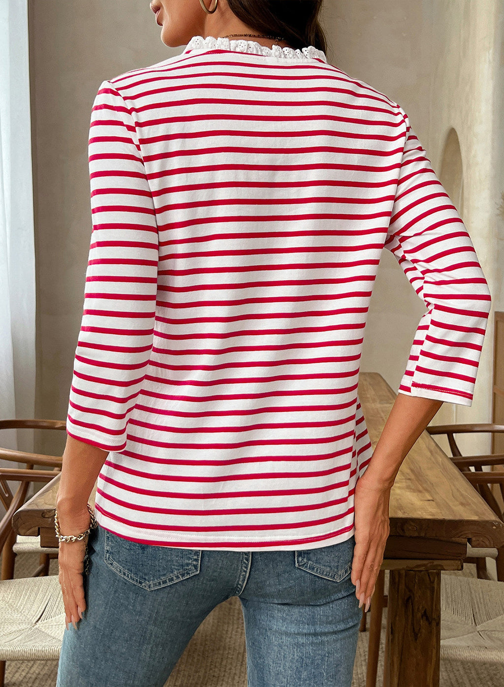 Womens Tops 3/4 Length Sleeve V Neck Loose Casual T Shirts