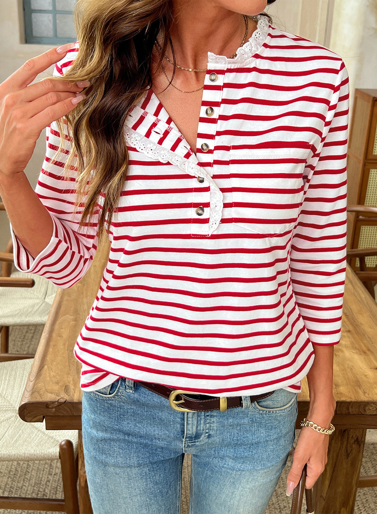 Womens Tops 3/4 Length Sleeve V Neck Loose Casual T Shirts