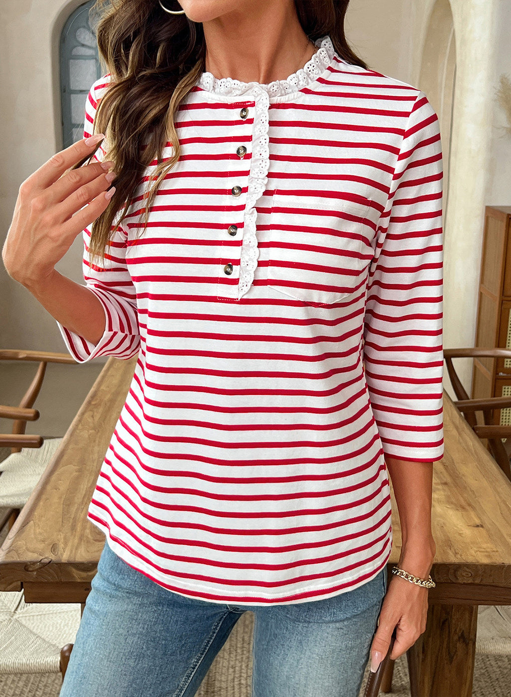 Womens Tops 3/4 Length Sleeve V Neck Loose Casual T Shirts