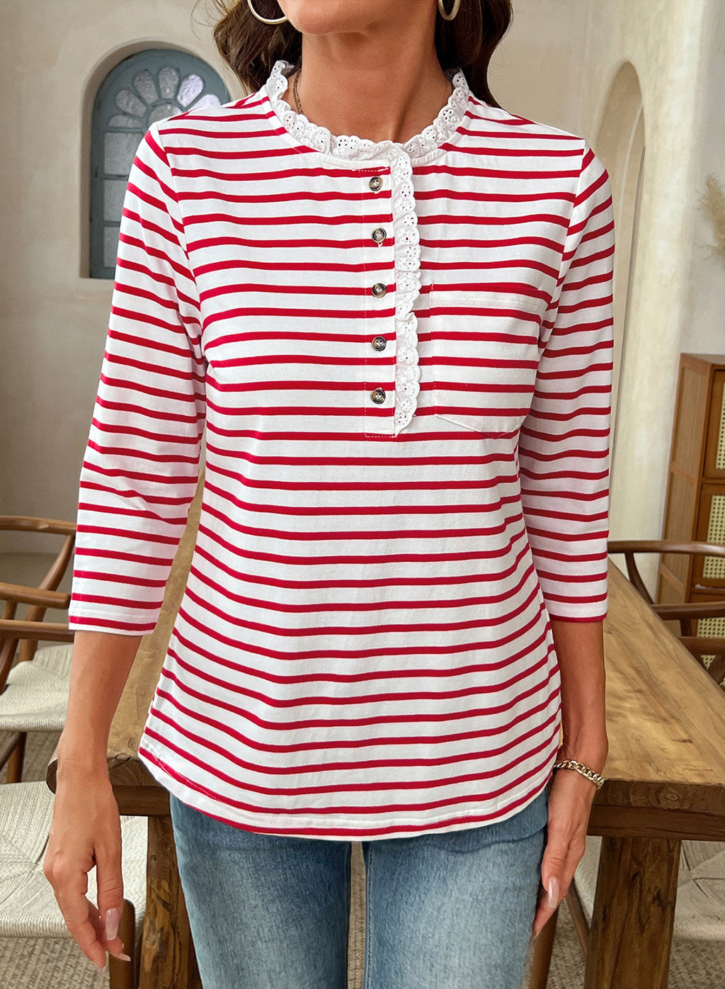 Womens Tops 3/4 Length Sleeve V Neck Loose Casual T Shirts