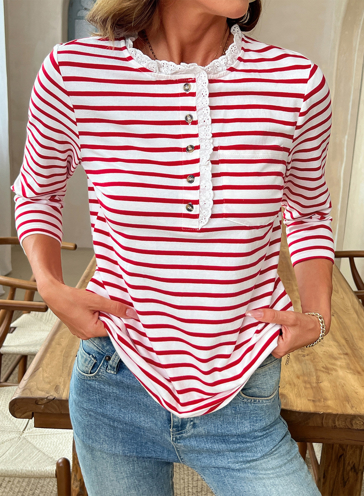 Womens Tops 3/4 Length Sleeve V Neck Loose Casual T Shirts