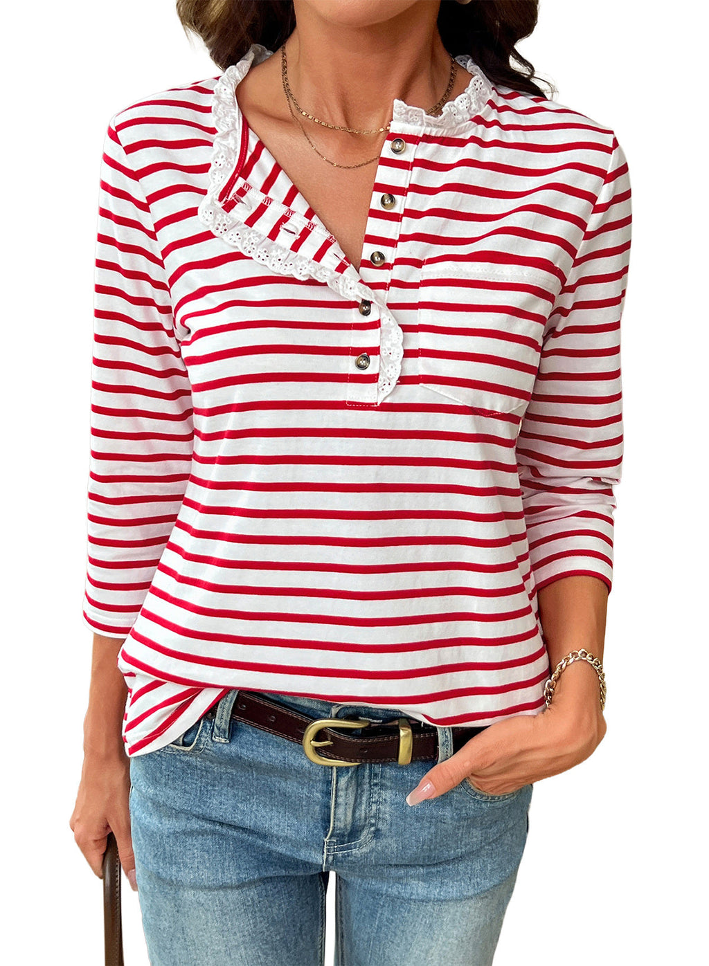 Womens Tops 3/4 Length Sleeve V Neck Loose Casual T Shirts