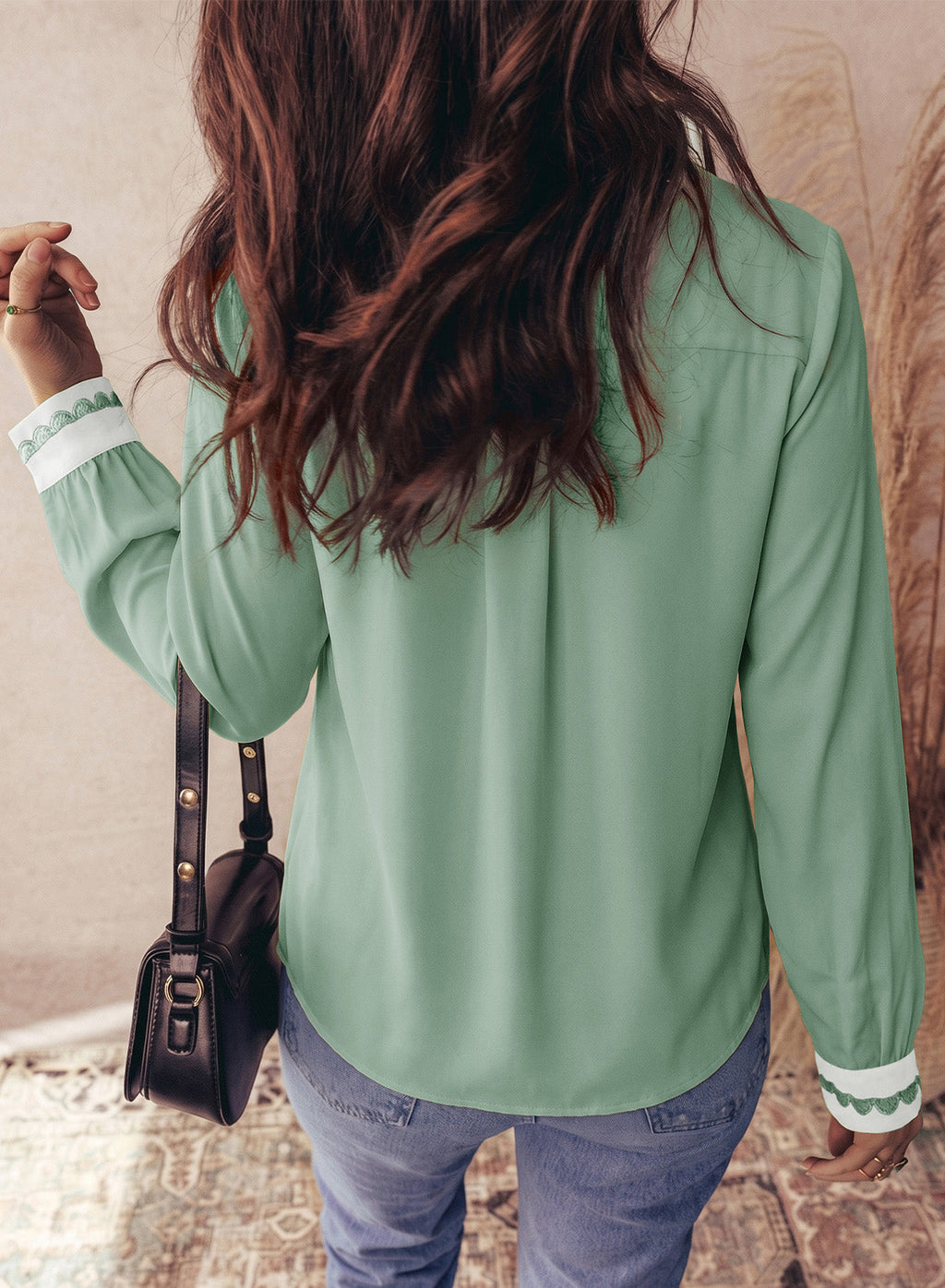 Dokotoo Womens Tops V Neck Long Sleeve Shirts Boho Trim Casual Blouses