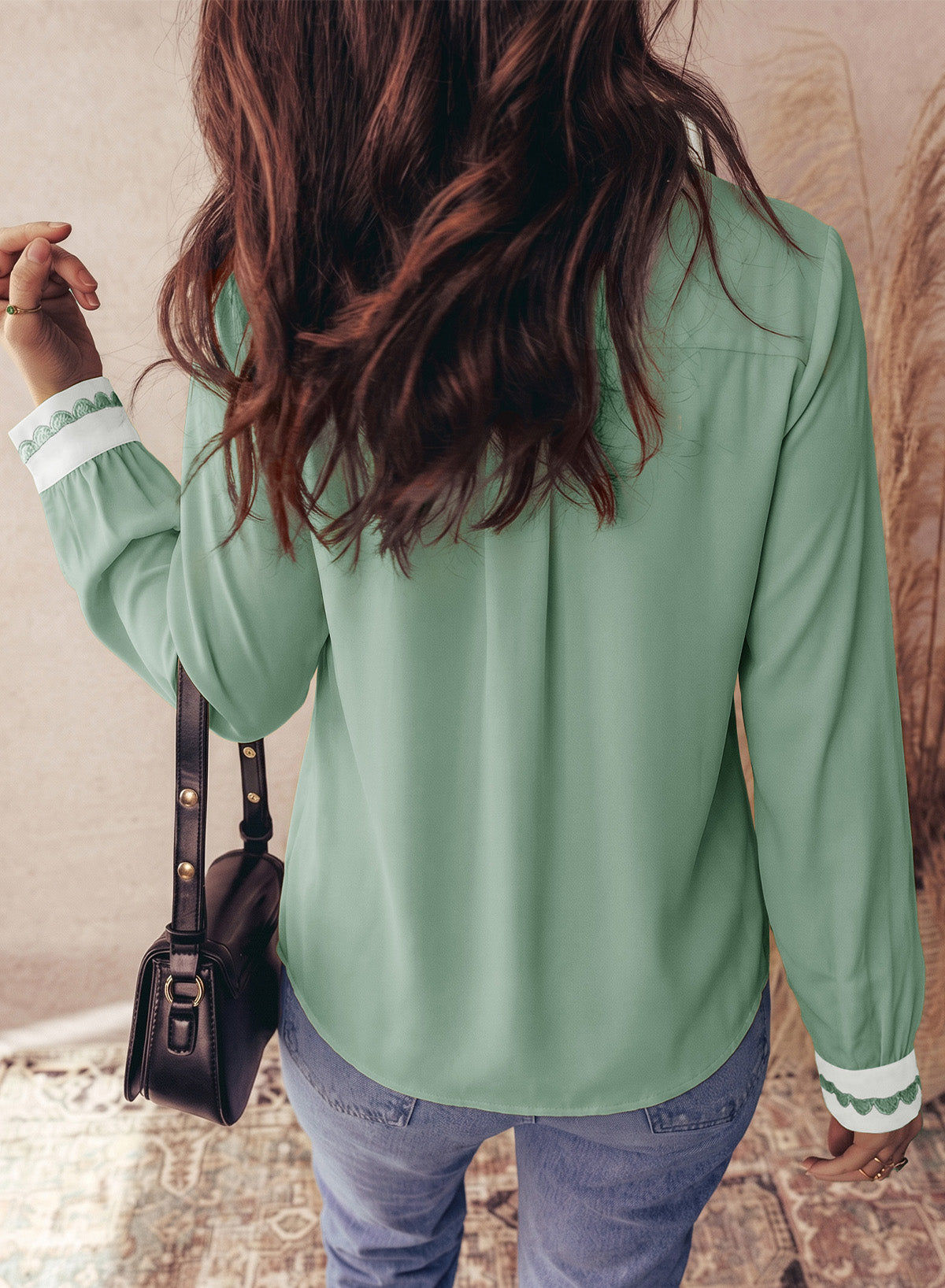 Dokotoo Womens Tops V Neck Long Sleeve Shirts Boho Trim Casual Blouses
