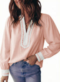 Dokotoo Womens Tops V Neck Long Sleeve Shirts Boho Trim Casual Blouses