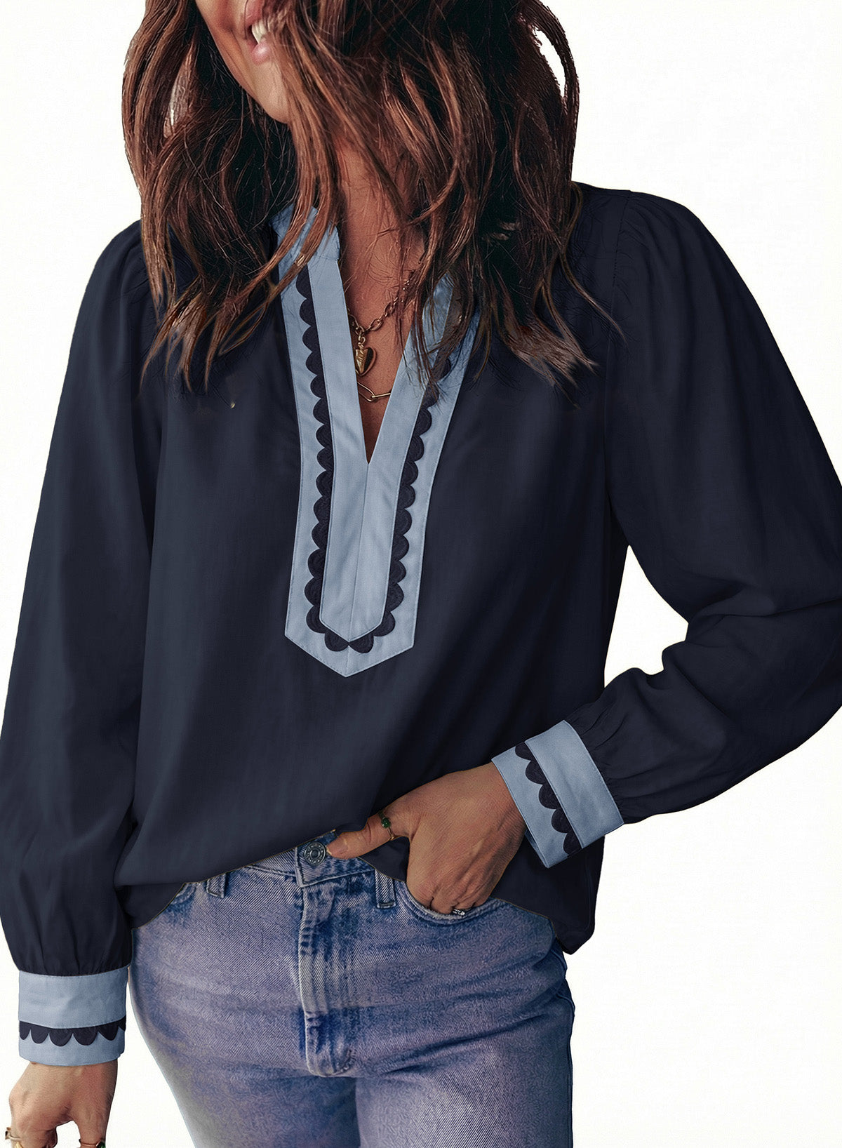 Dokotoo Womens Tops V Neck Long Sleeve Shirts Boho Trim Casual Blouses