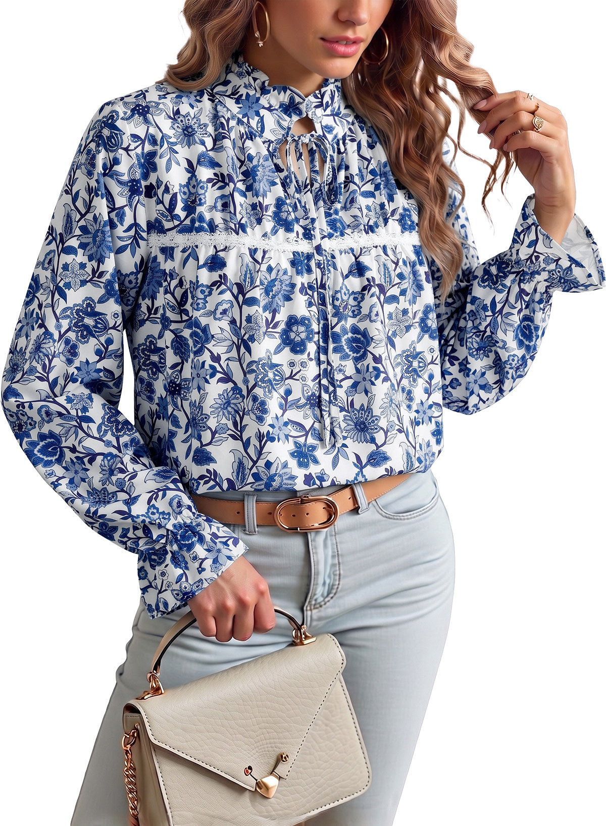 Dokotoo Long Sleeve Shirts for Women Boho Floral Tie V Neck Blouses