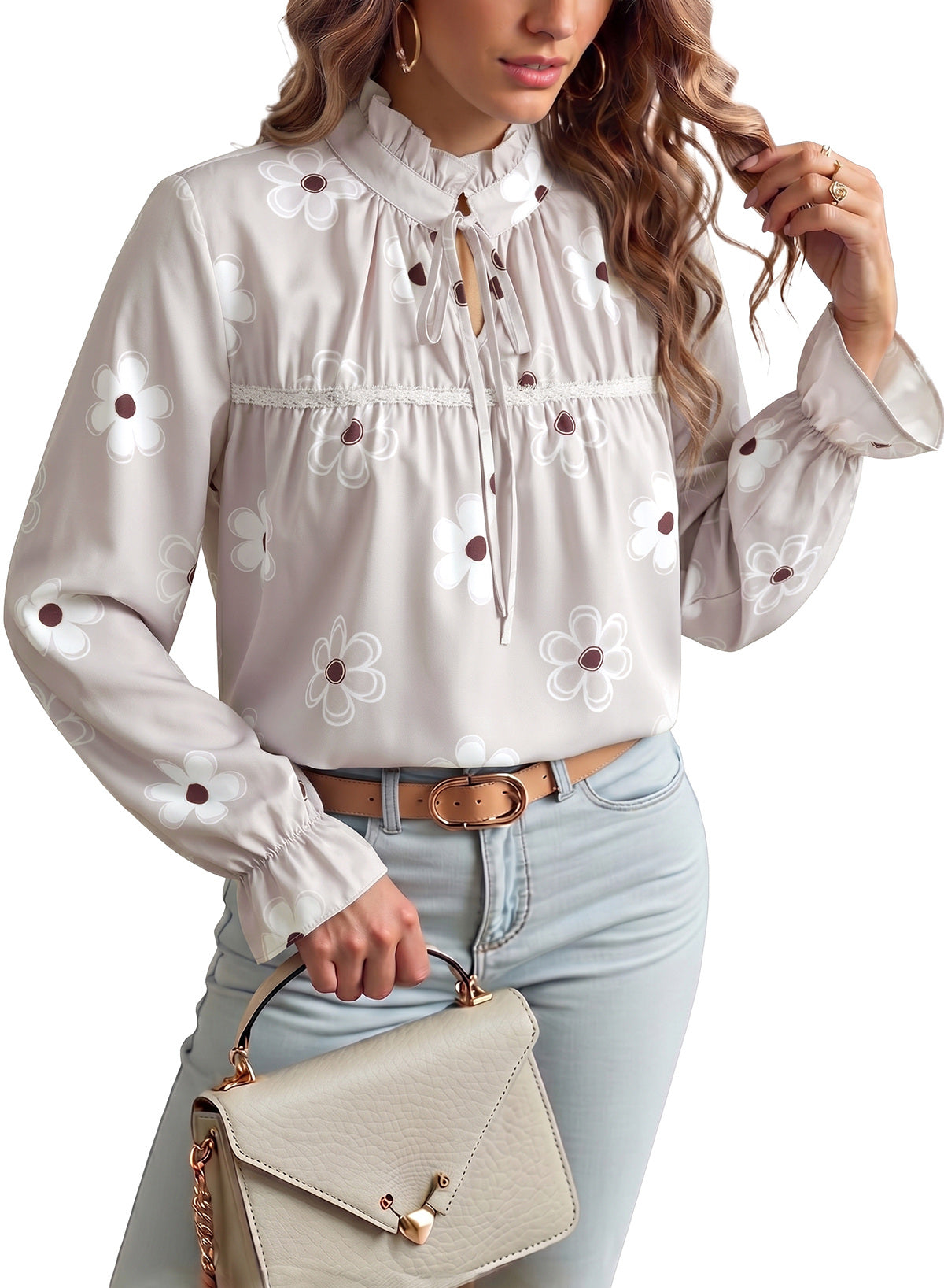Dokotoo Long Sleeve Shirts for Women Boho Floral Tie V Neck Blouses
