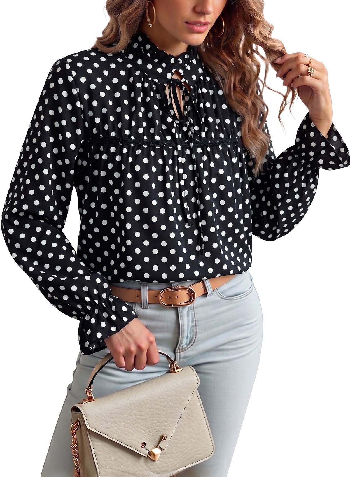 Dokotoo Long Sleeve Shirts for Women Boho Floral Tie V Neck Blouses