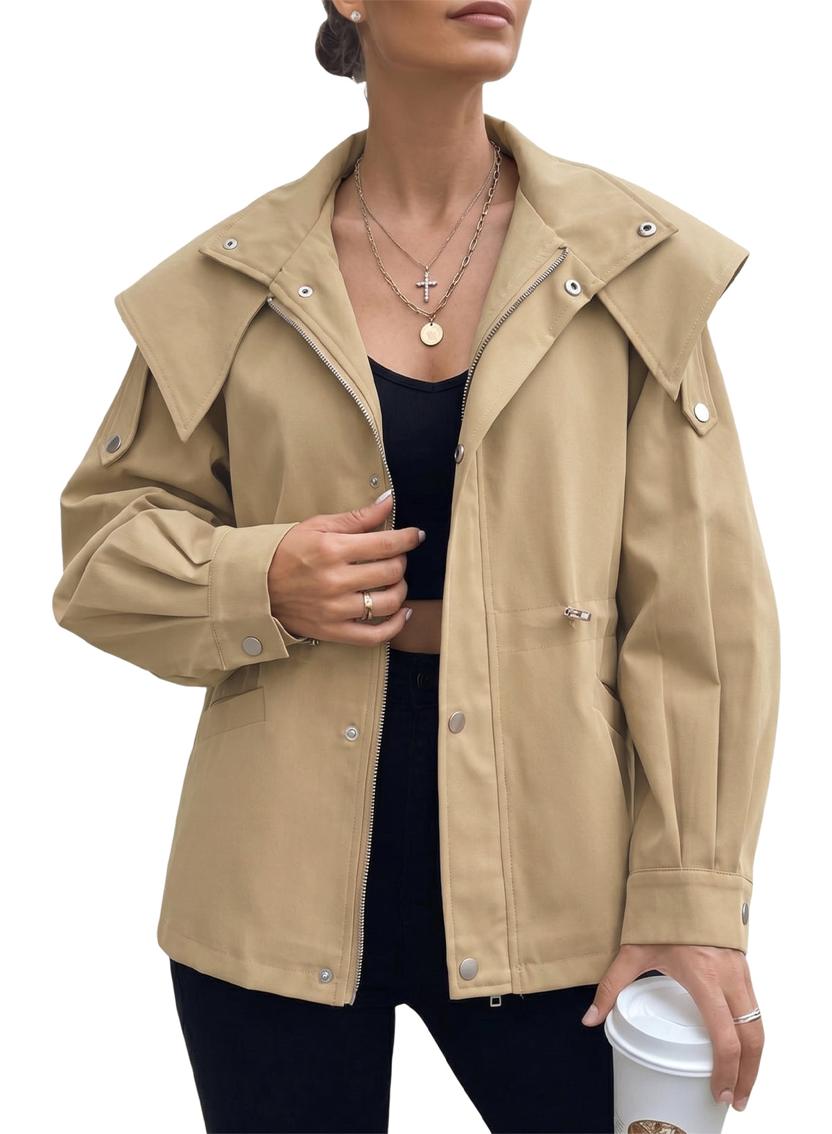 Dokotoo Women's Casual Drawstring Zip Hooded Trench Coat 2026 Outerwear Jacket