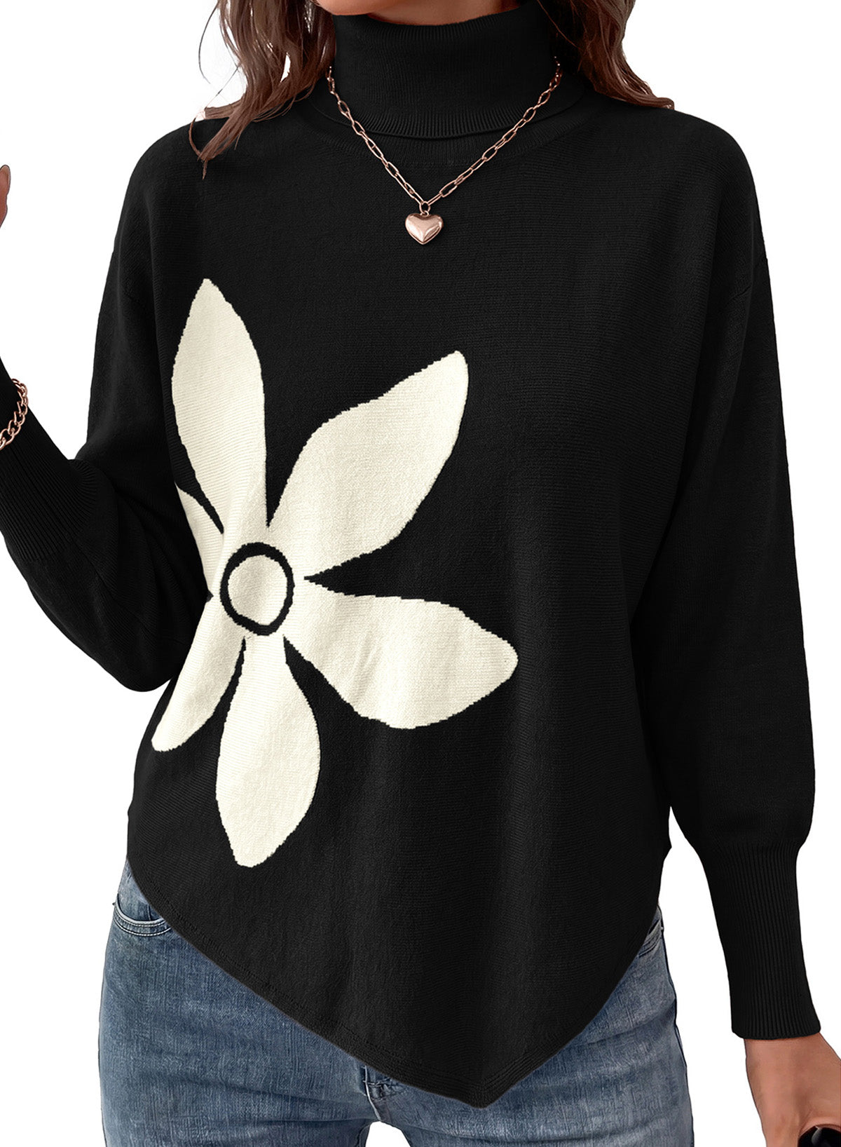 Dokotoo Sweaters for Women Oversized Turtleneck Floral Pullover Sweater