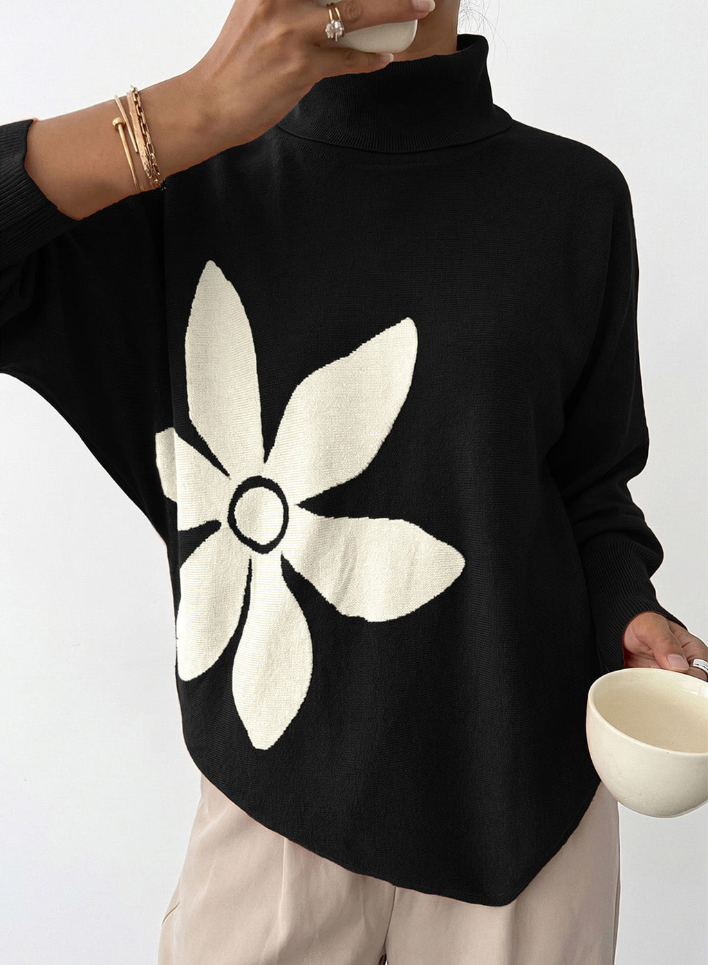 Dokotoo Sweaters for Women Oversized Turtleneck Floral Pullover Sweater