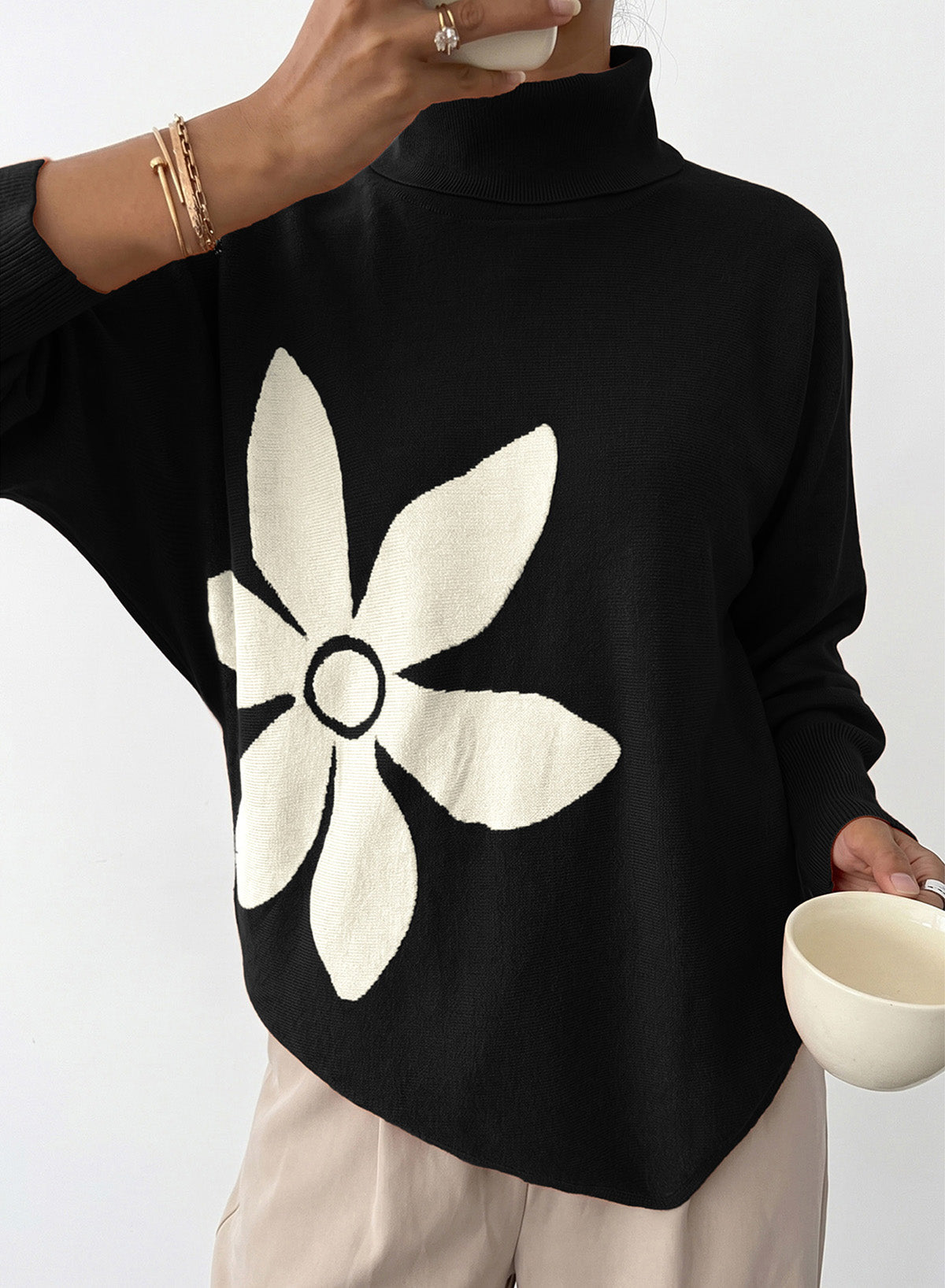 Dokotoo Sweaters for Women Oversized Turtleneck Floral Pullover Sweater