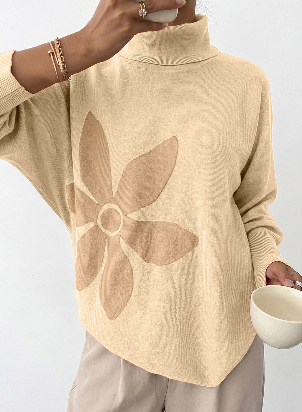 Dokotoo Sweaters for Women Oversized Turtleneck Floral Pullover Sweater