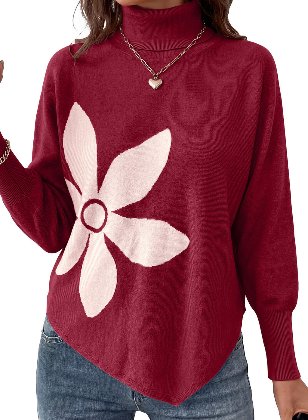 Dokotoo Sweaters for Women Oversized Turtleneck Floral Pullover Sweater