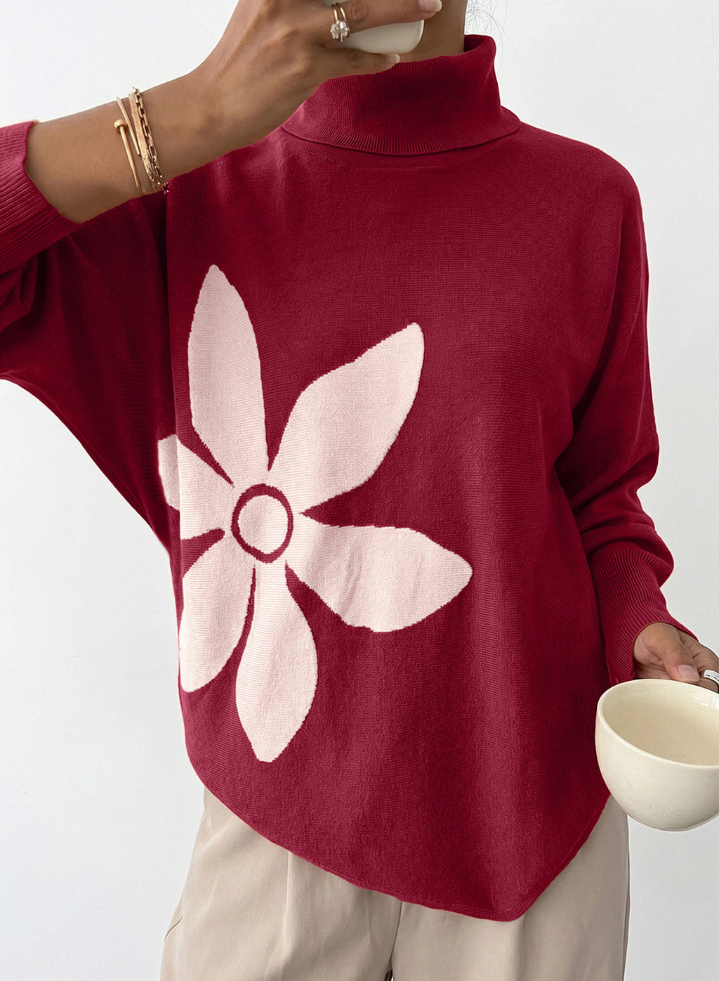 Dokotoo Sweaters for Women Oversized Turtleneck Floral Pullover Sweater