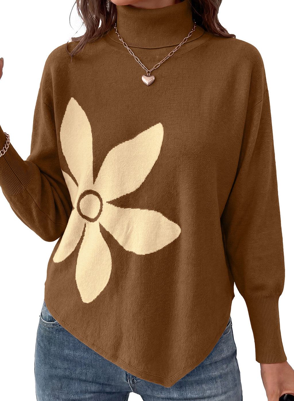 Dokotoo Sweaters for Women Oversized Turtleneck Floral Pullover Sweater