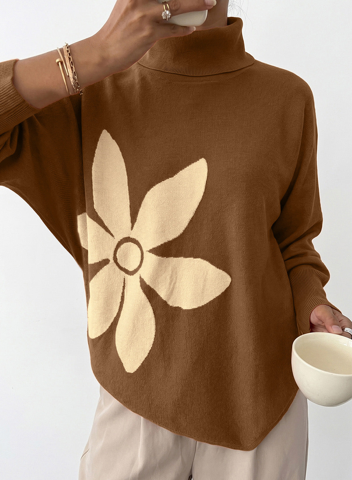Dokotoo Sweaters for Women Oversized Turtleneck Floral Pullover Sweater