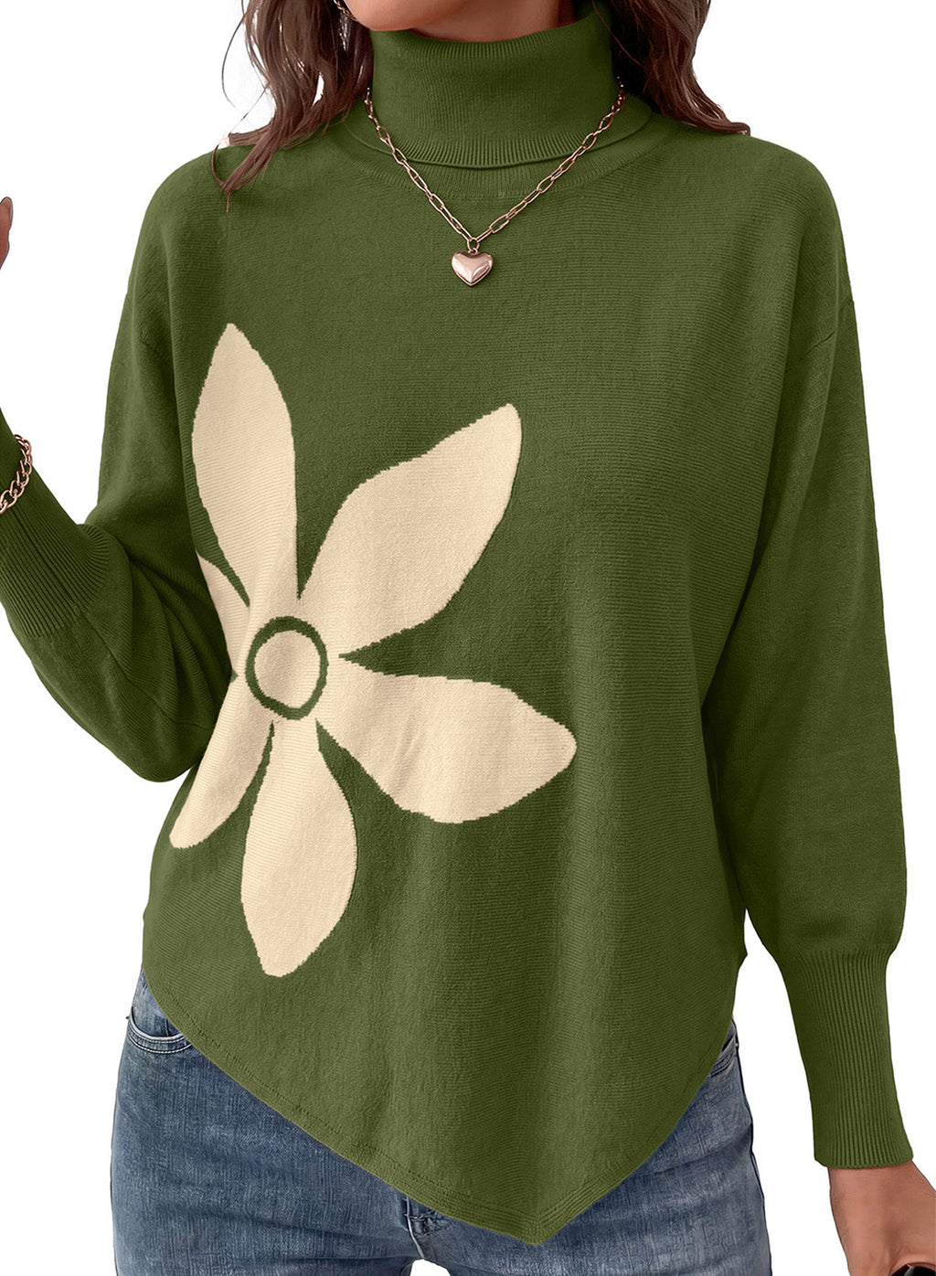 Dokotoo Sweaters for Women Oversized Turtleneck Floral Pullover Sweater