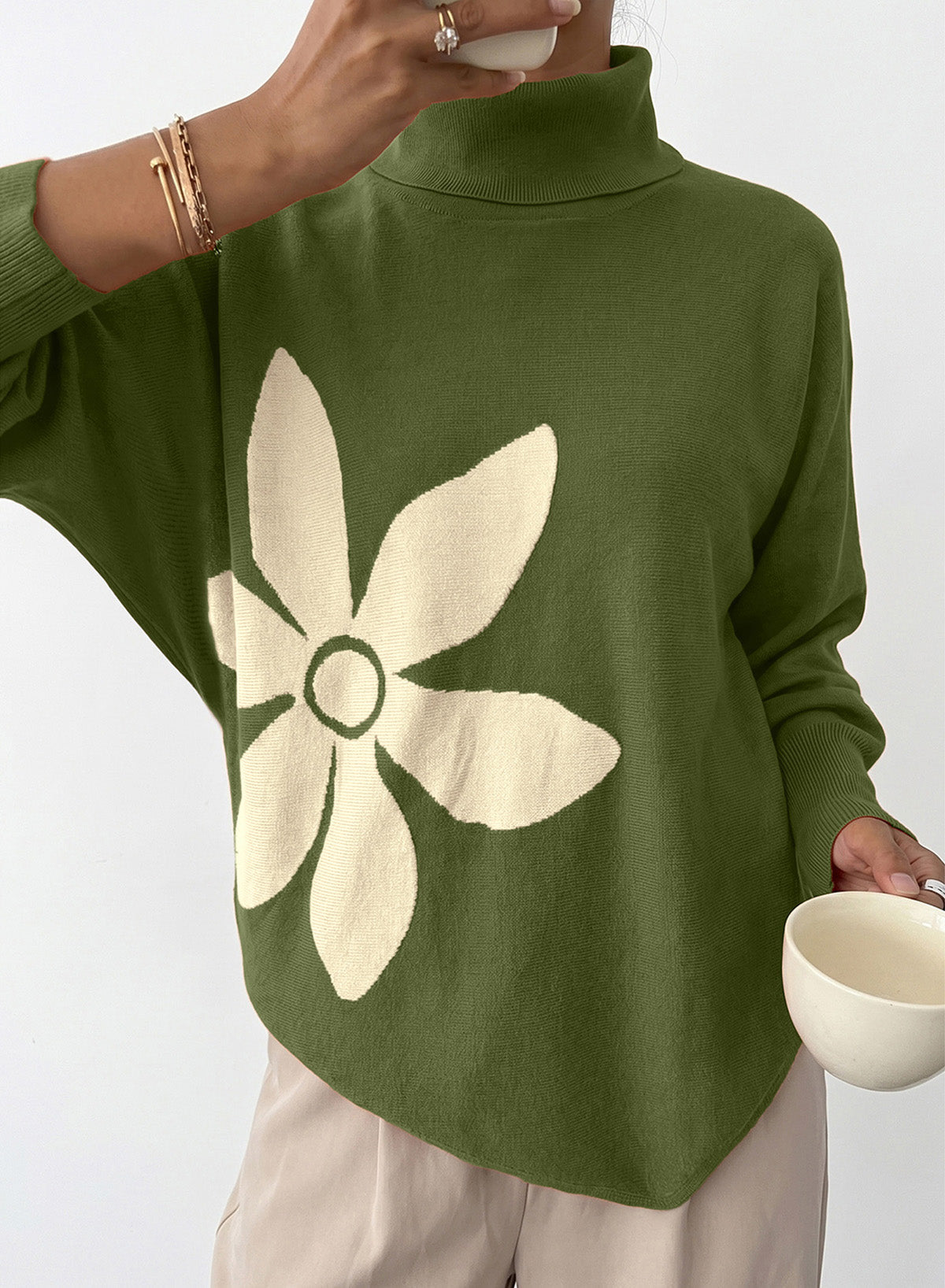 Dokotoo Sweaters for Women Oversized Turtleneck Floral Pullover Sweater
