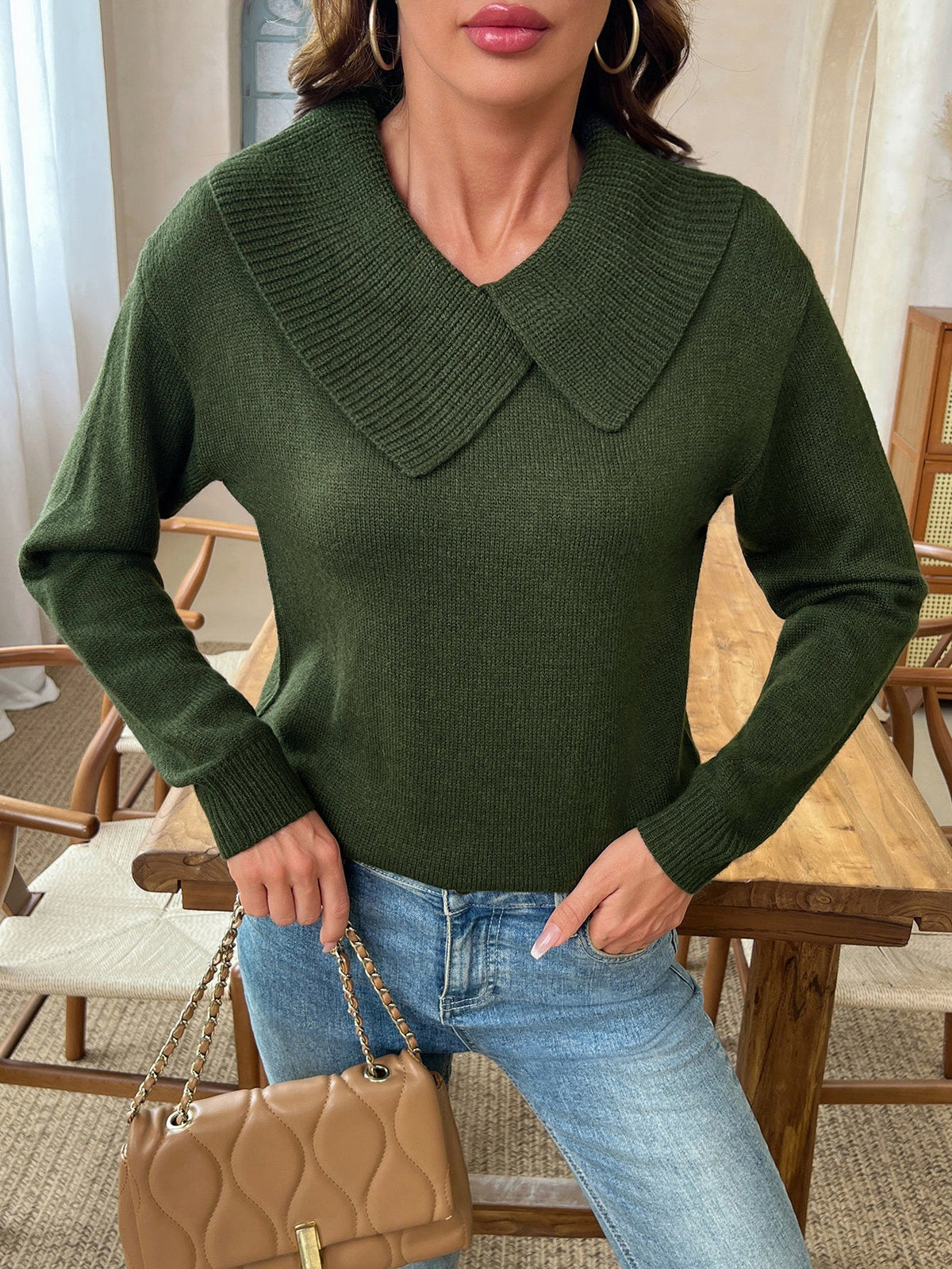 Asymmetrical Lapel Collar Pullover Sweater Tops