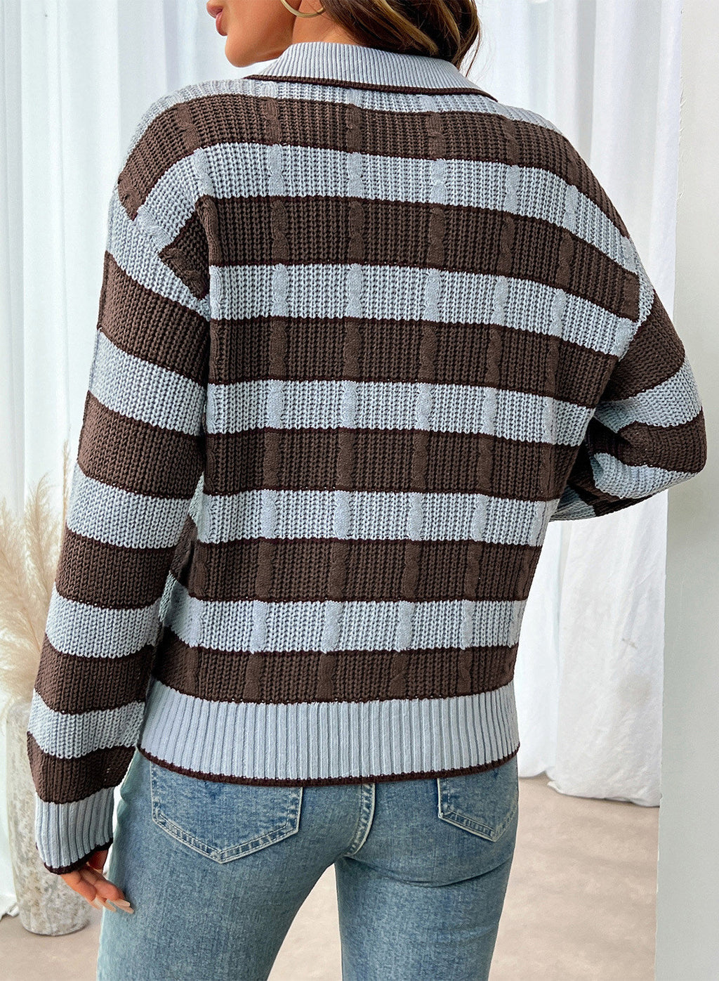 Dokotoo Sweaters for Women Long Sleeve Striped Color Block Button Polo Lapel Collar Cable Knit Casual Pullover Sweater Tops