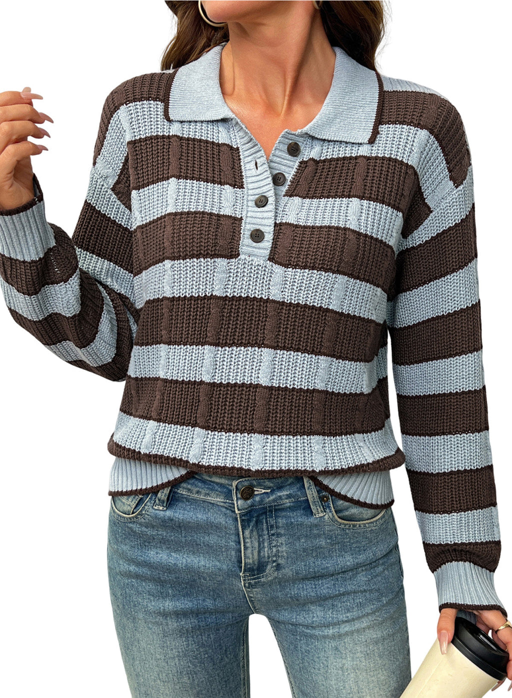 Dokotoo Sweaters for Women Long Sleeve Striped Color Block Button Polo Lapel Collar Cable Knit Casual Pullover Sweater Tops