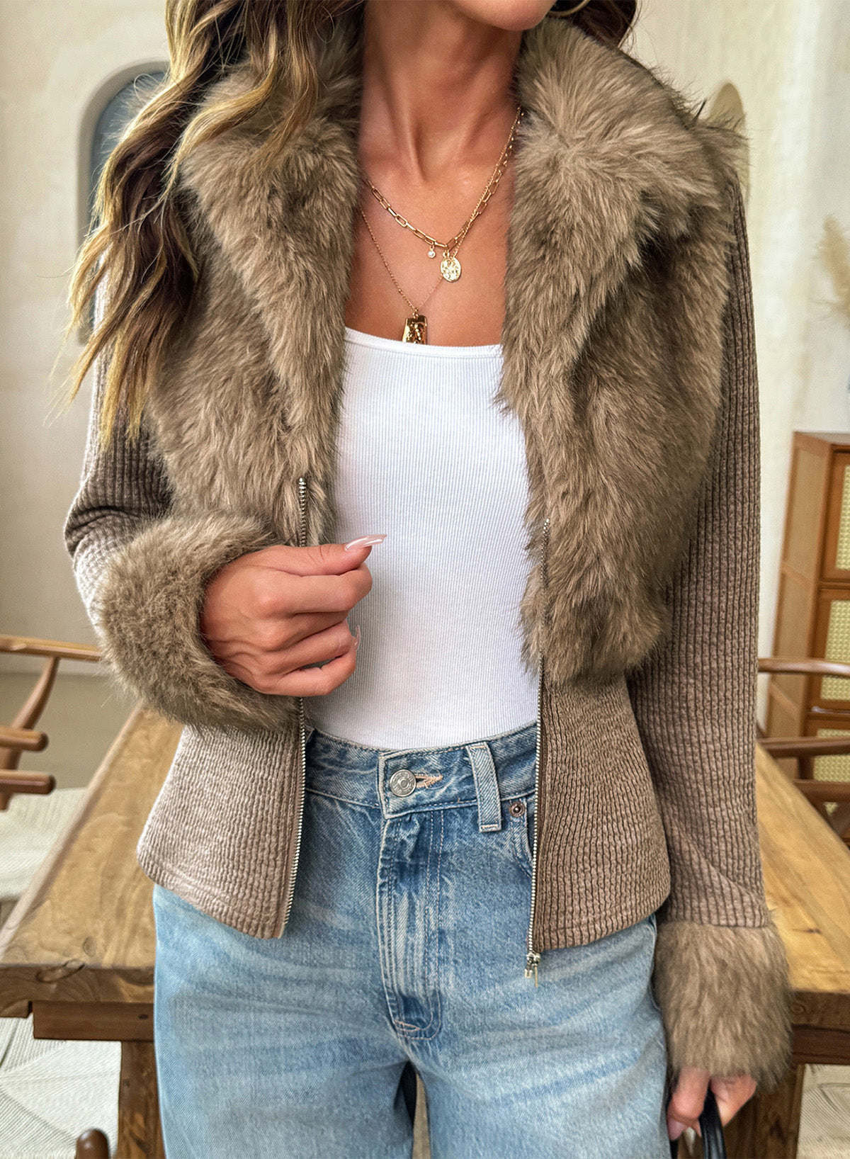 Fashionable Street Style Women's Dark Grey Faux Fur Zip-Up Long Sleeve Jacket, Autumn Clothing,Fall,Fall Clothes For Women