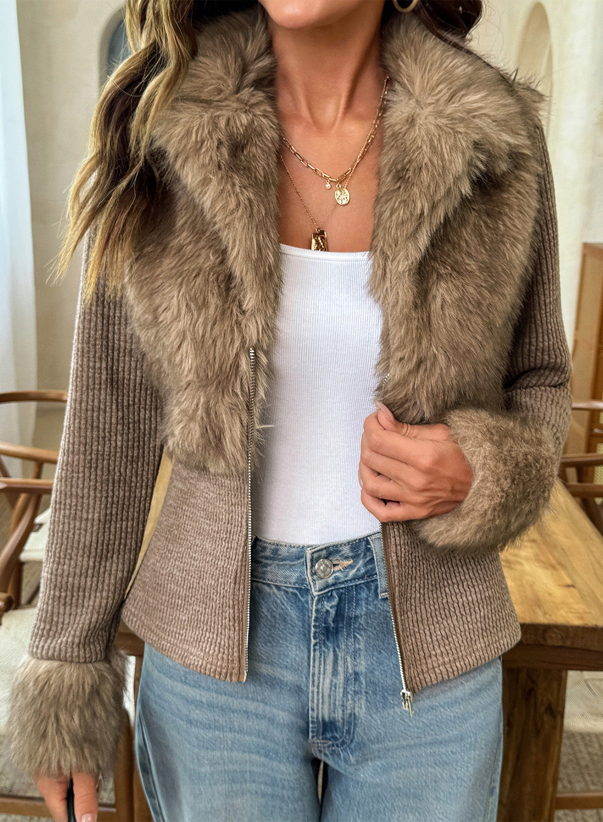 Fashionable Street Style Women's Dark Grey Faux Fur Zip-Up Long Sleeve Jacket, Autumn Clothing,Fall,Fall Clothes For Women