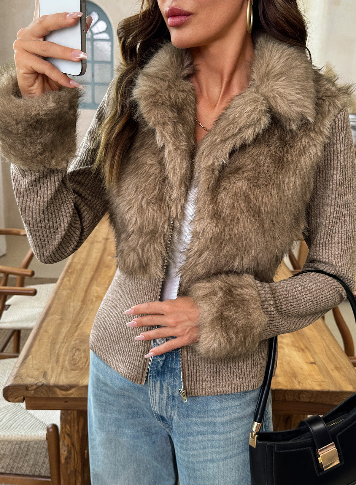 Fashionable Street Style Women's Dark Grey Faux Fur Zip-Up Long Sleeve Jacket, Autumn Clothing,Fall,Fall Clothes For Women