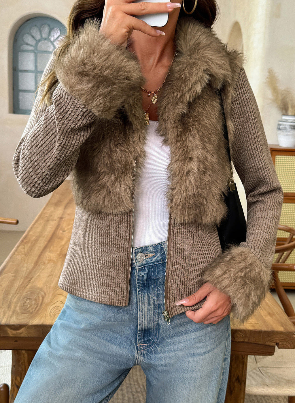 Fashionable Street Style Women's Dark Grey Faux Fur Zip-Up Long Sleeve Jacket, Autumn Clothing,Fall,Fall Clothes For Women