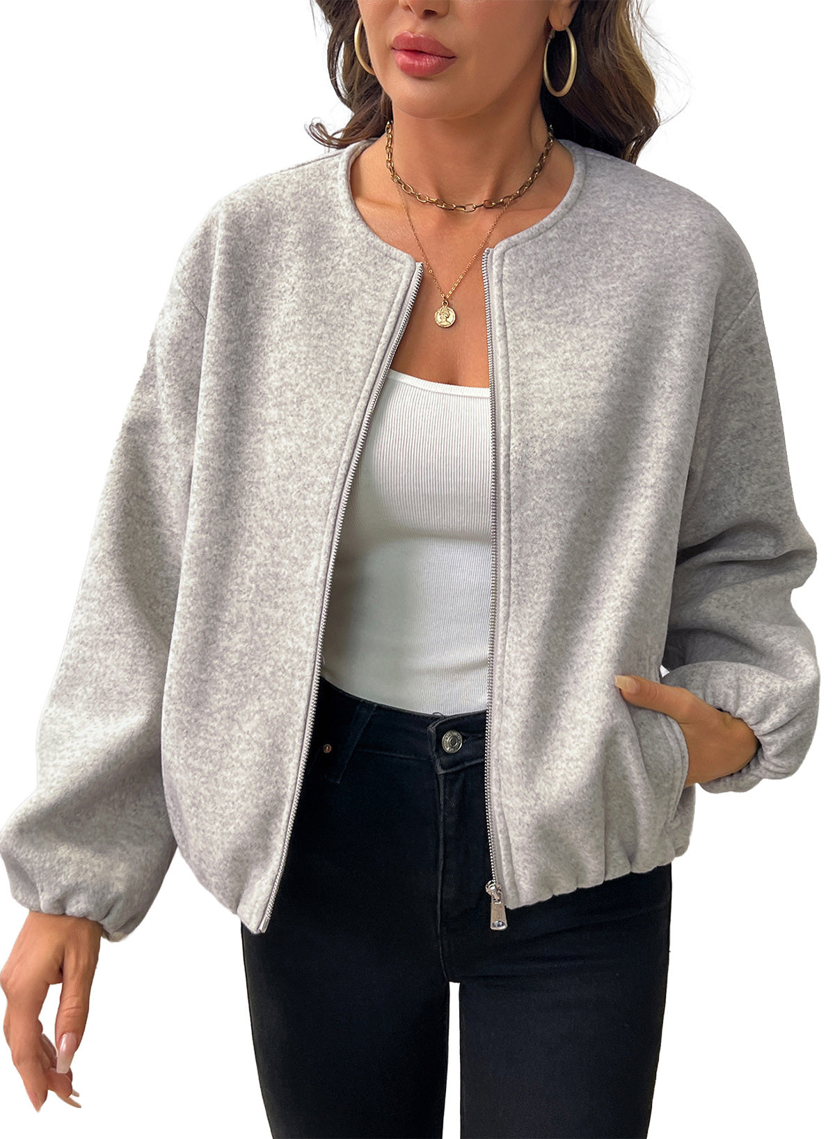Bomber Jacket for Women Trendy Long Sleeve Coat with Pockets