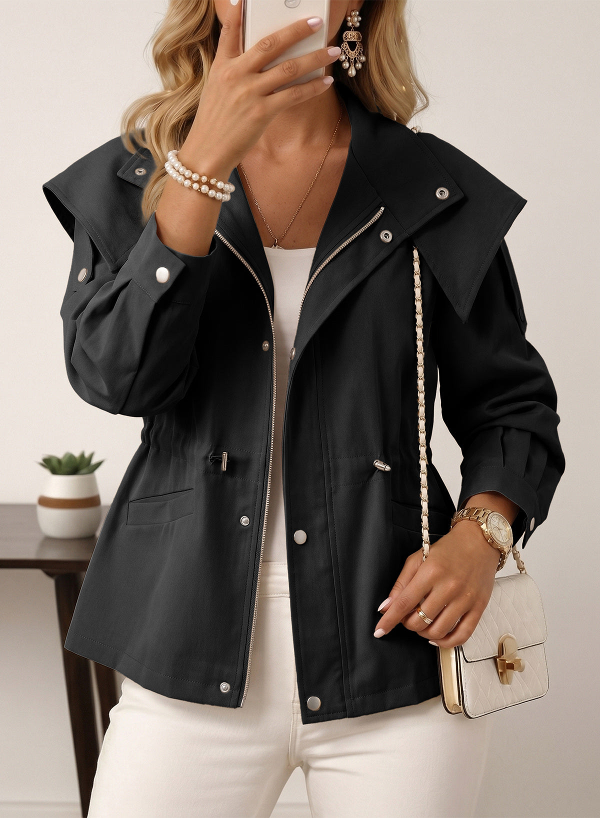 Dokotoo Women's Casual Drawstring Zip Hooded Trench Coat 2026 Outerwear Jacket