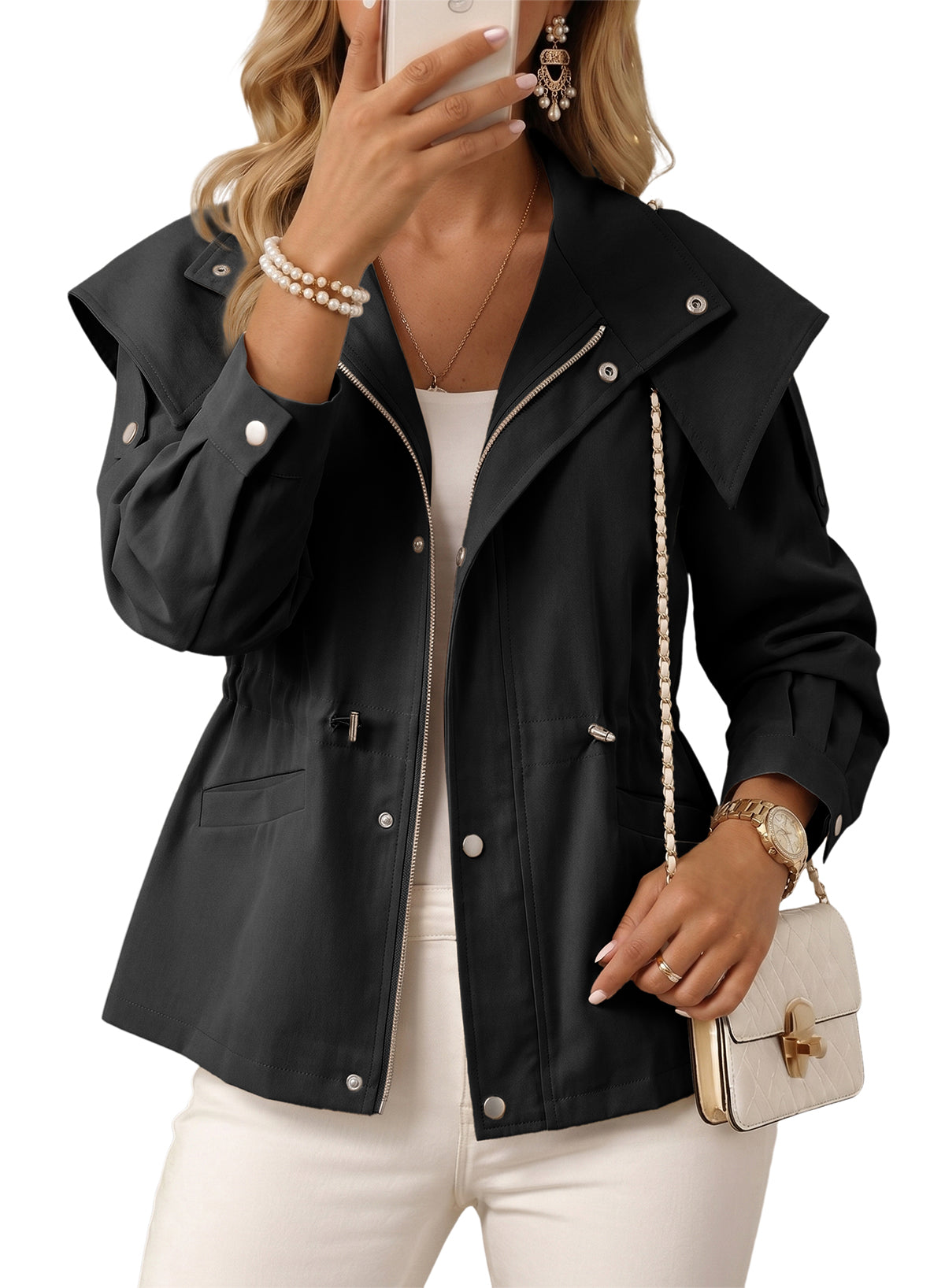 Dokotoo Women's Casual Drawstring Zip Hooded Trench Coat 2026 Outerwear Jacket