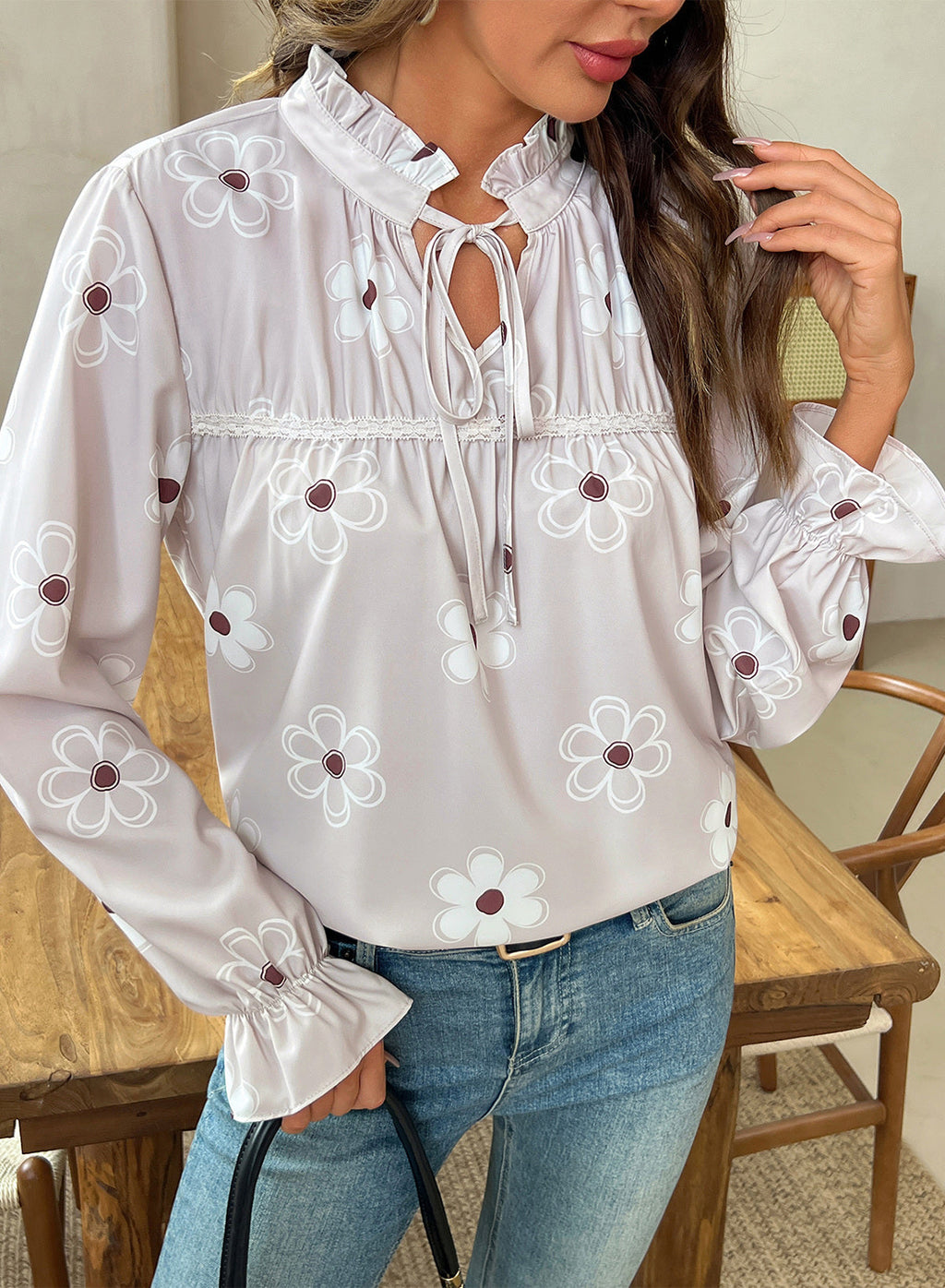 Dokotoo Long Sleeve Shirts for Women Boho Floral Tie V Neck Blouses