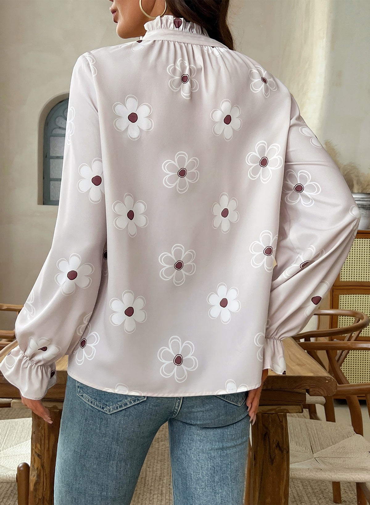 Dokotoo Long Sleeve Shirts for Women Boho Floral Tie V Neck Blouses