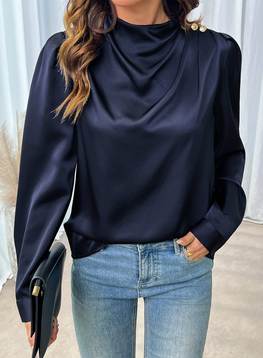 Dokotoo Womens Satin Blouses Dressy Casual Long Sleeve Mock Neck Tops Shirts